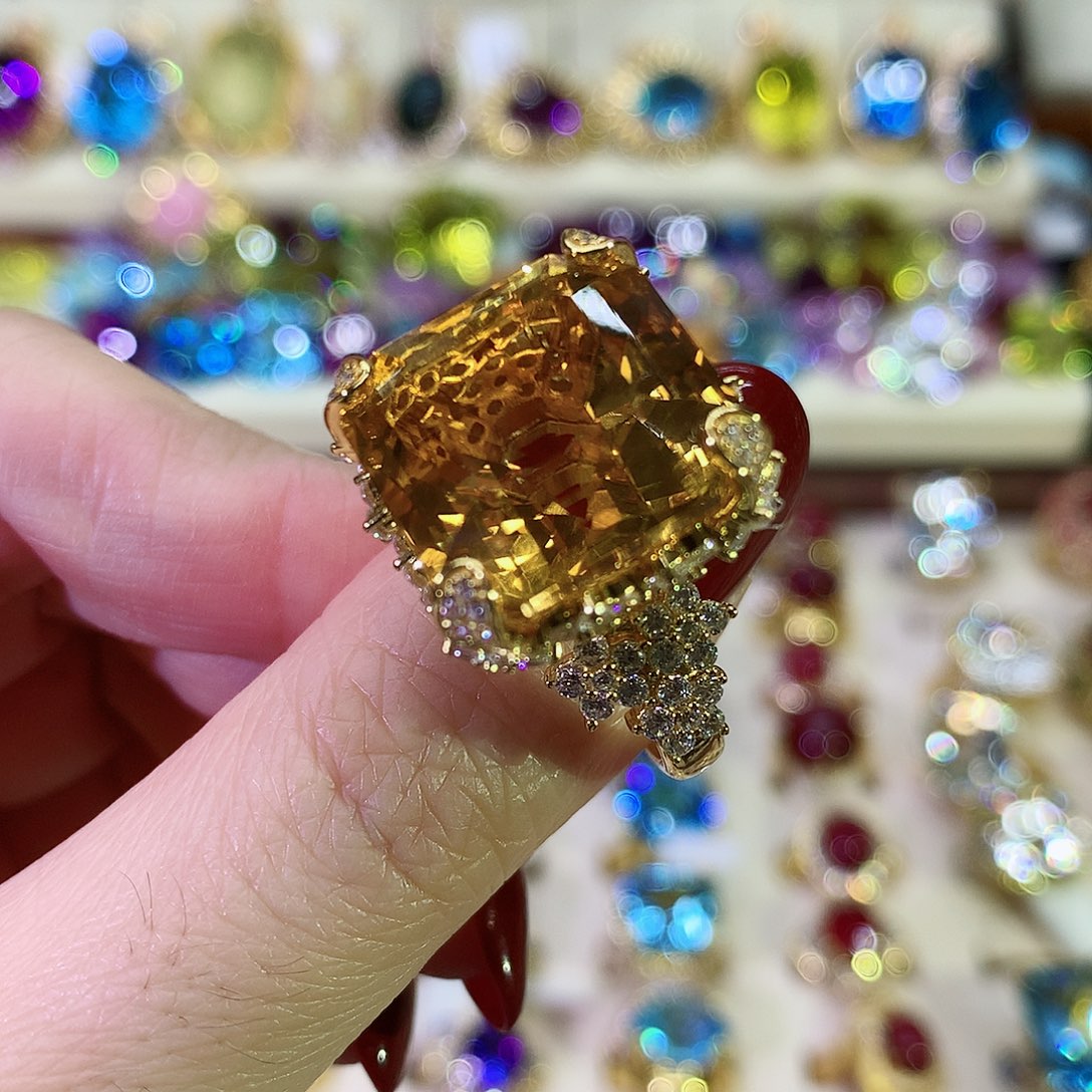 黄晶戒指银S925镀金镶嵌