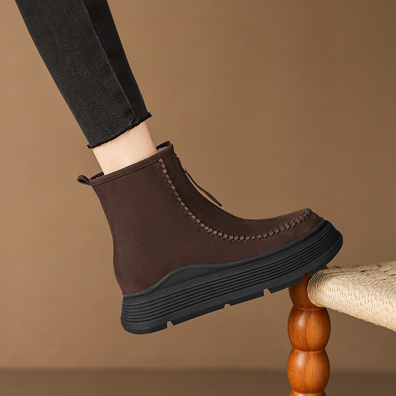 磨砂牛皮7cm增高厚底防滑保暖雪地靴筒靴真皮宽胖脚加厚大棉短靴