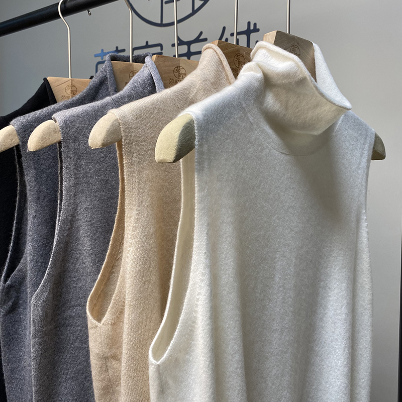 MJ2557小山羊绒堆堆领无袖套头针织打底衫女纯色羊绒衫