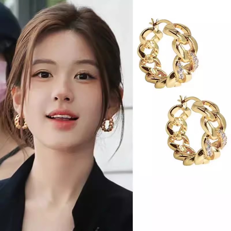 铜合金合成锆石耳饰 许妍同款链条耳圈欧美风气质个性百搭耳环