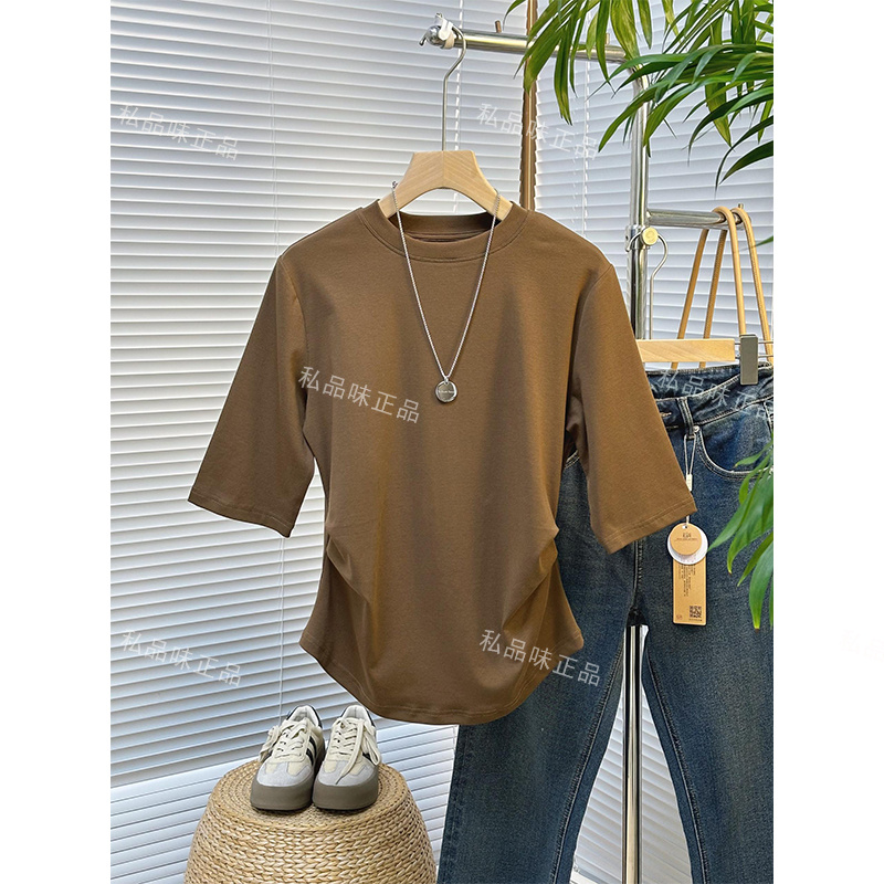 SPW私品味 2025秋季新款咖色纯棉圆领五分袖T恤女  L81808