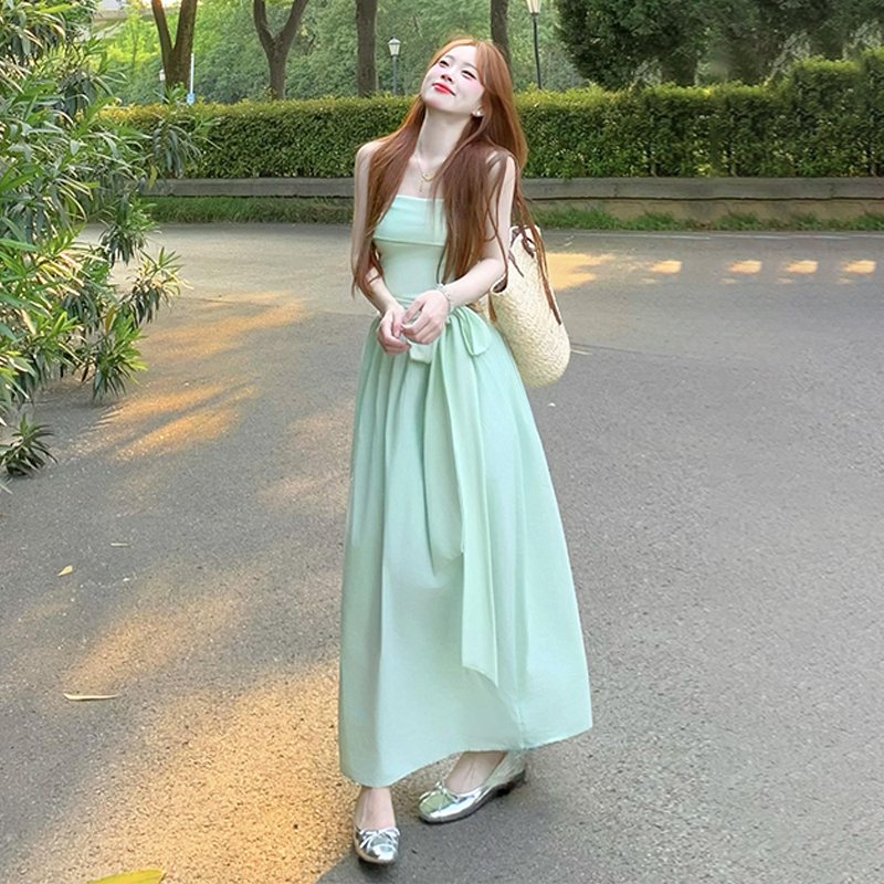 【现货+运补】薄荷绿色抹胸连衣裙海边度假露肩收腰长裙2742