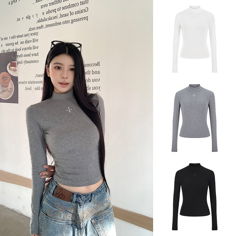 Moses Queen/魔西女王立体浮雕印花半高领打底衫修身显瘦长袖T恤