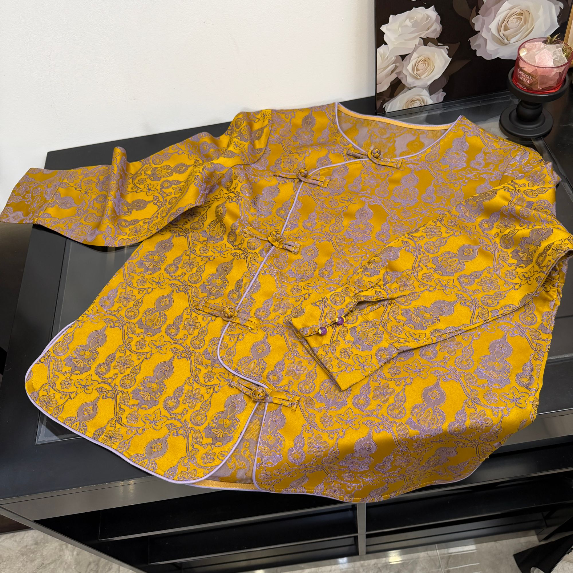 中国风新中式女款薄款长袖休闲斜襟冬款提花衬衣时尚上衣圆领