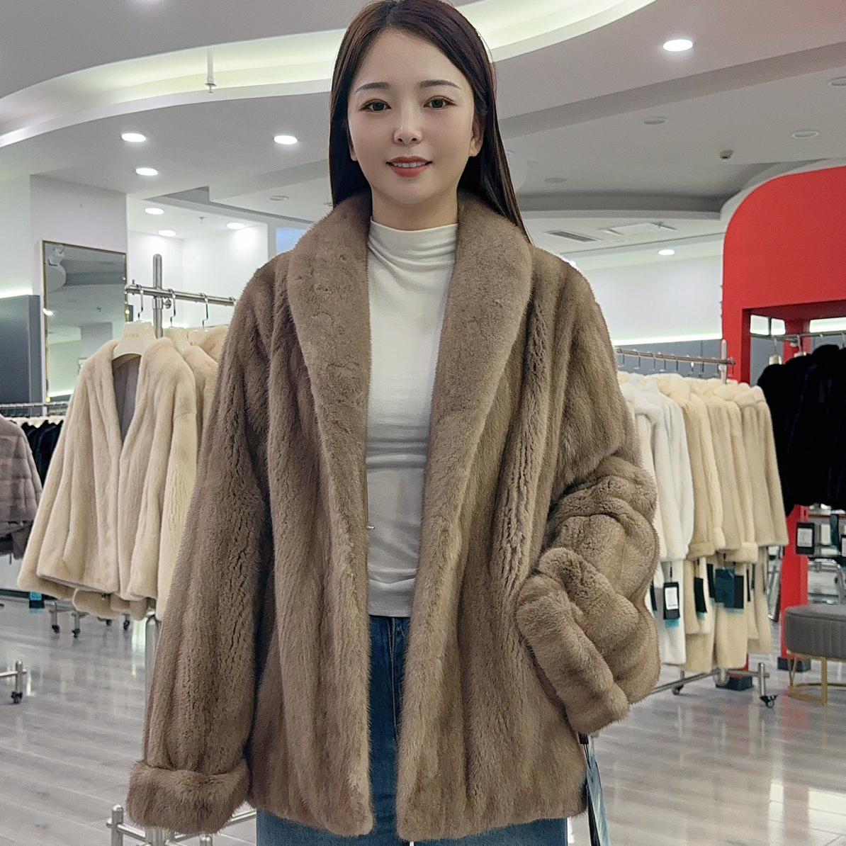 女士女款潮流时尚水貂皮帕斯条青果领全分刀挽袖70长