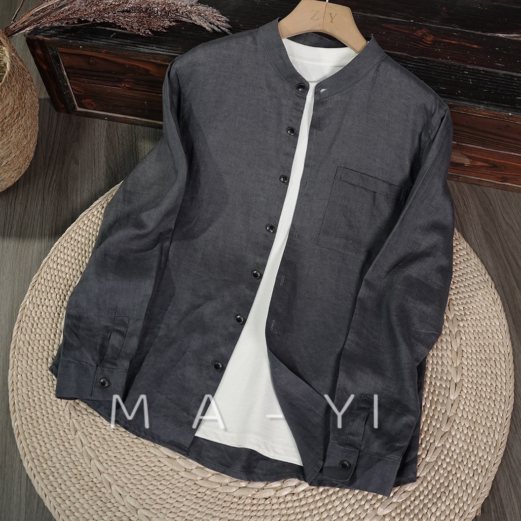 高档纯亚麻长袖衬衫麻布男装100%全麻料宽松休闲透气舒适衬衣开衫