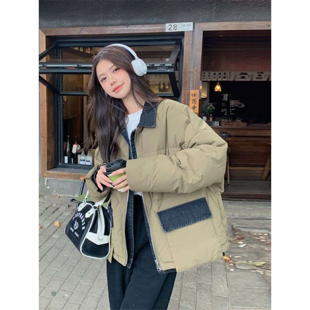 胖mm假两件加厚拼接保暖棉服女秋冬大码300斤宽松短款棉衣外套ins