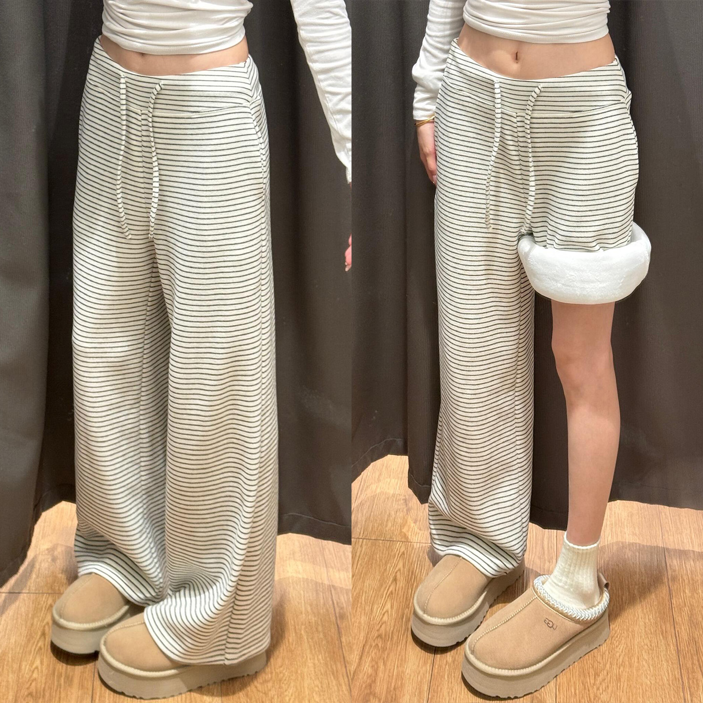 宽腰头糯米裤女秋冬款加绒小个子高腰垂感休闲宽松显瘦条纹阔腿裤