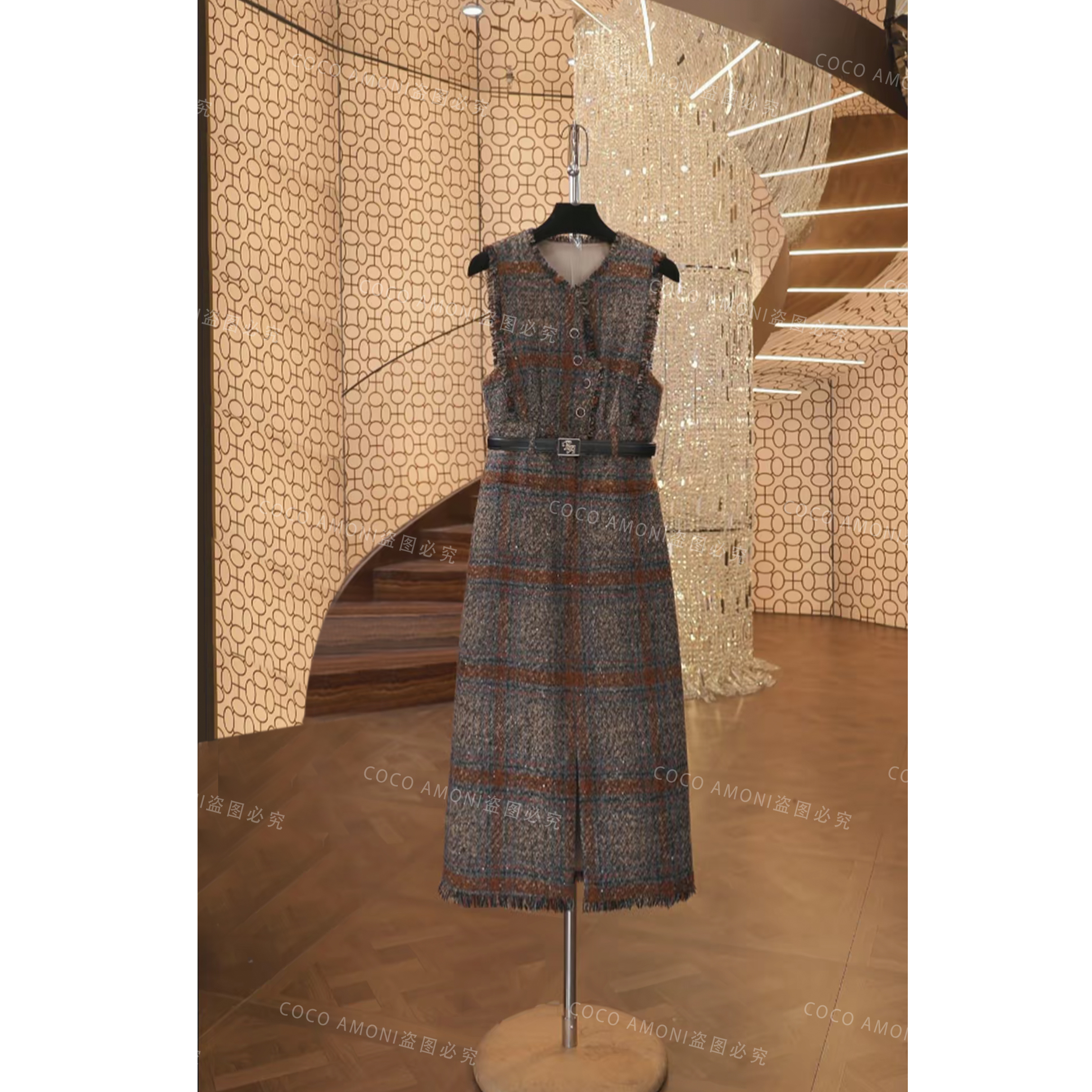 秋冬设计师爆款女装拼接收腰显瘦气质连衣裙WXH1014