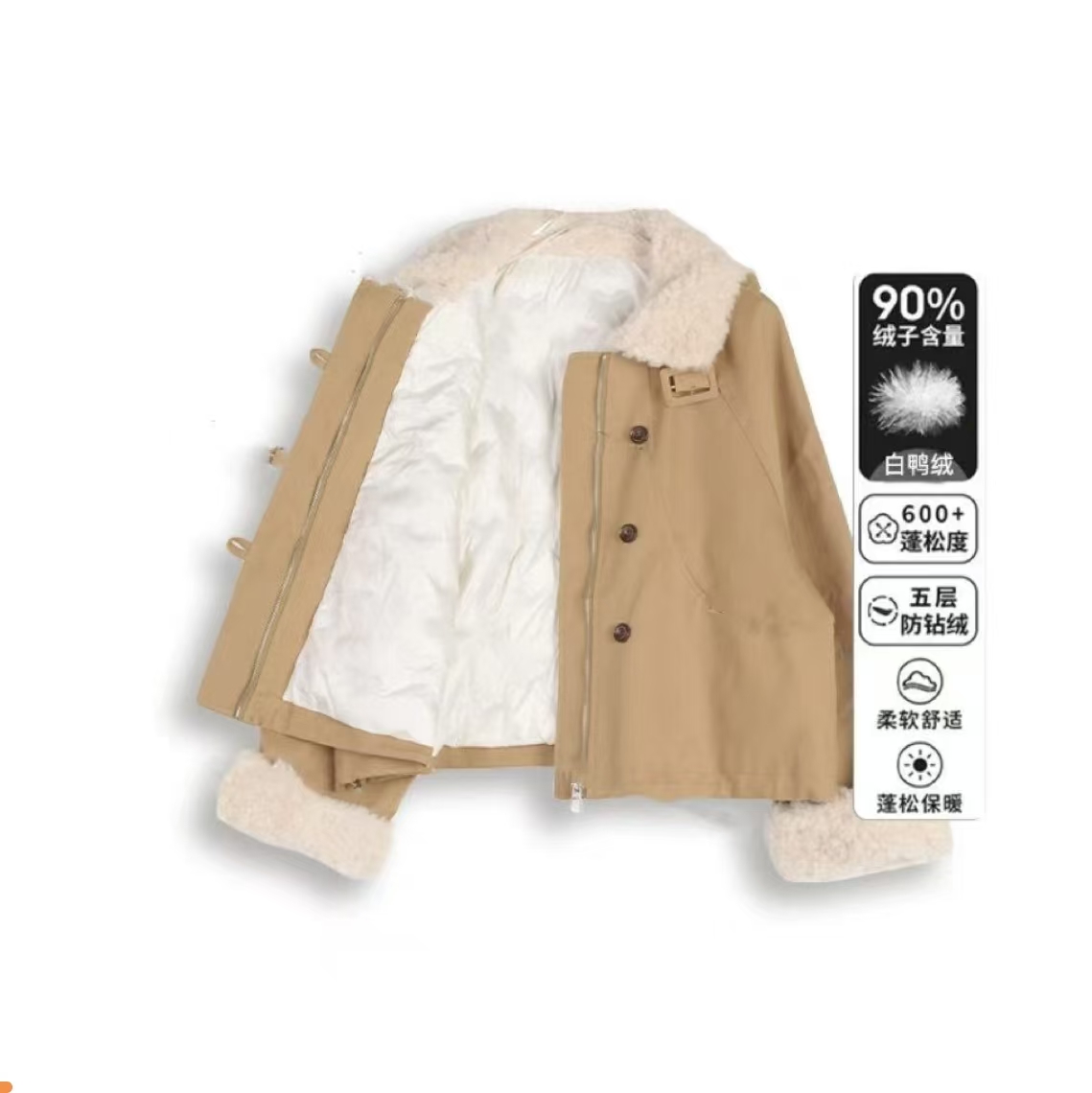 【cc家3号店】心尖尖！短款！毛毛拼接拉链韩系卡其色羽绒外套