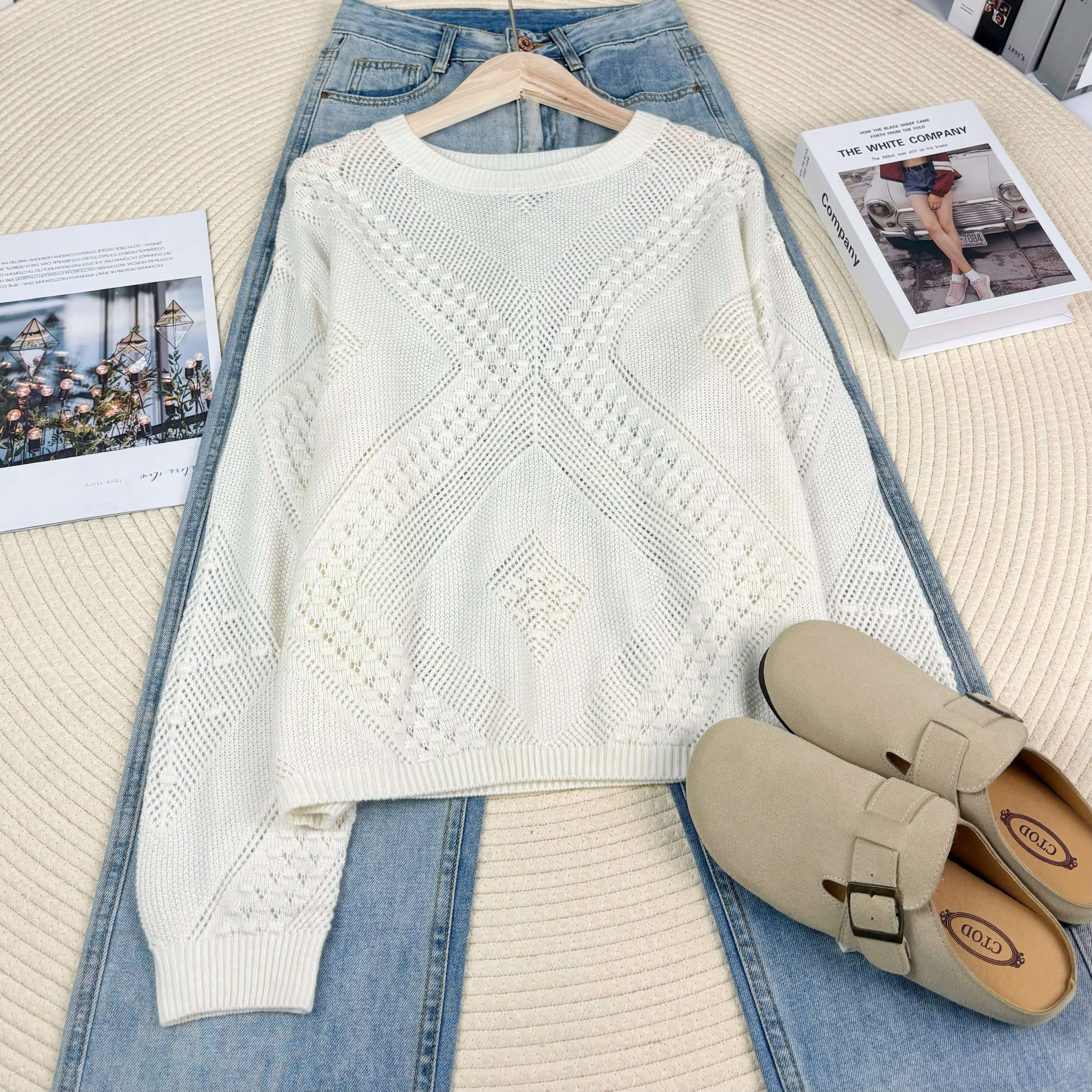 玲姐定制-纯色慵懒休闲微镂空微透高级感针织毛衣235721