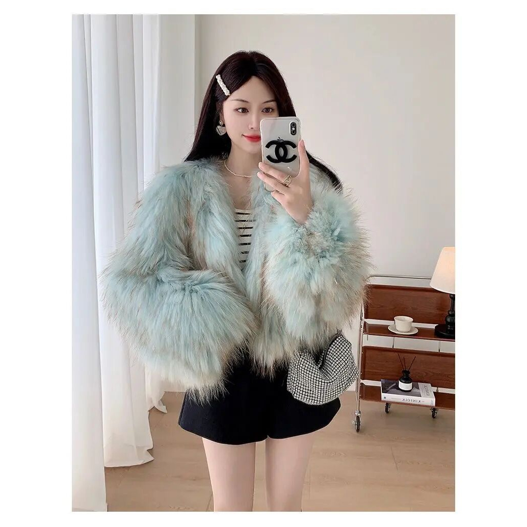 新款喇叭袖高腰款45衣长貉子毛加密加厚编织外套冬季网红时尚女装