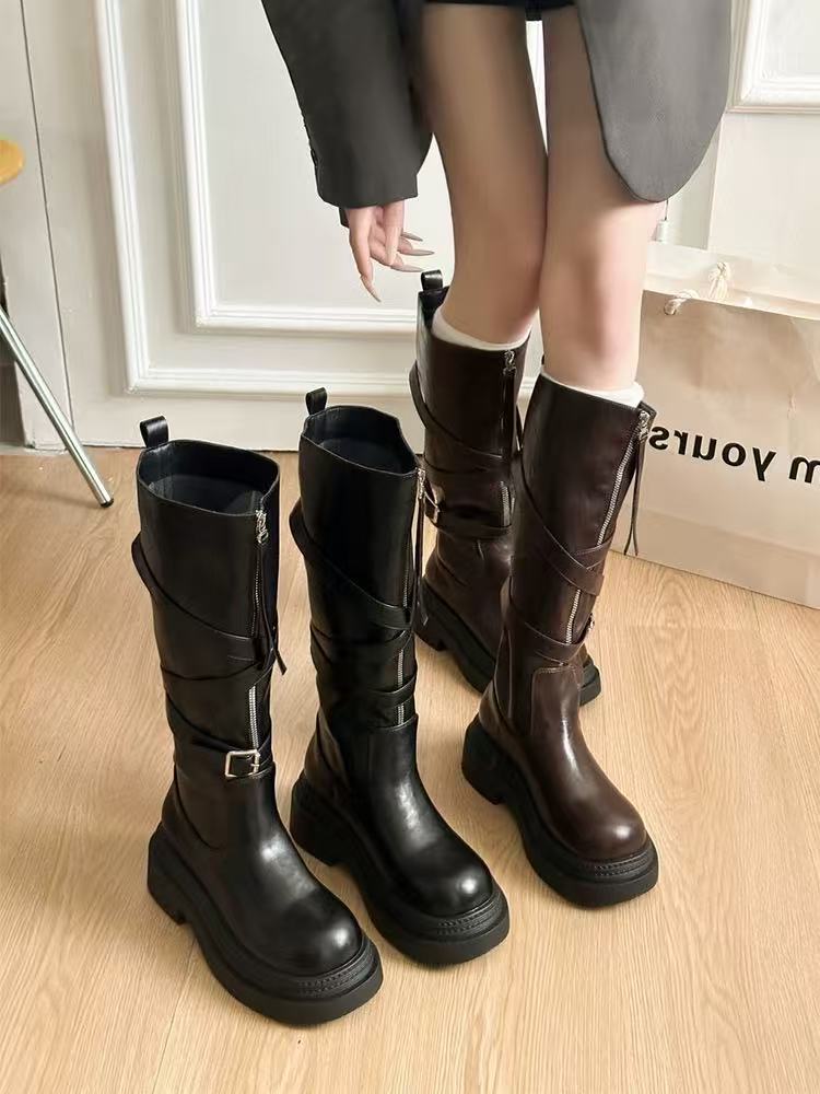 复古前拉链长筒靴女2025新款秋季棕色靴子厚底显瘦机车高筒骑士靴
