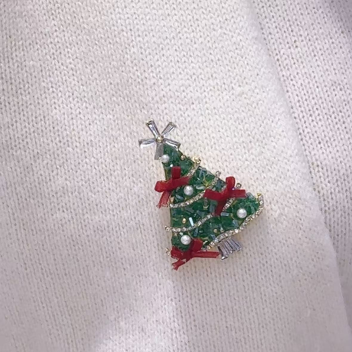 非金属合成锆石胸针 圣诞树镶钻珍珠胸针