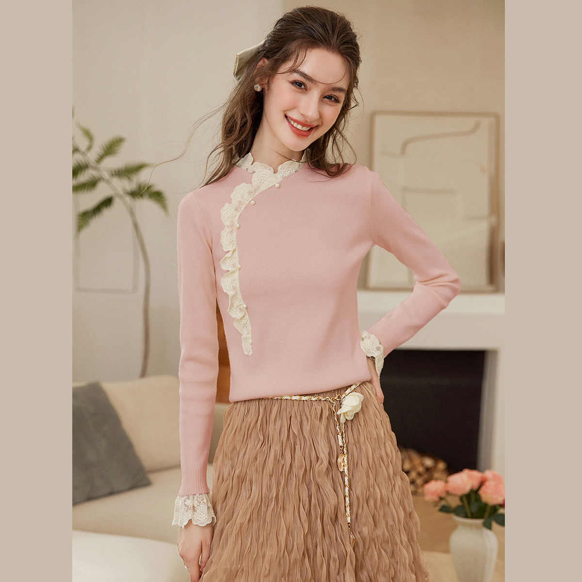 白鹿语25秋微弹设计感可外穿正肩甜美高领花边毛衣针织衫BL20049