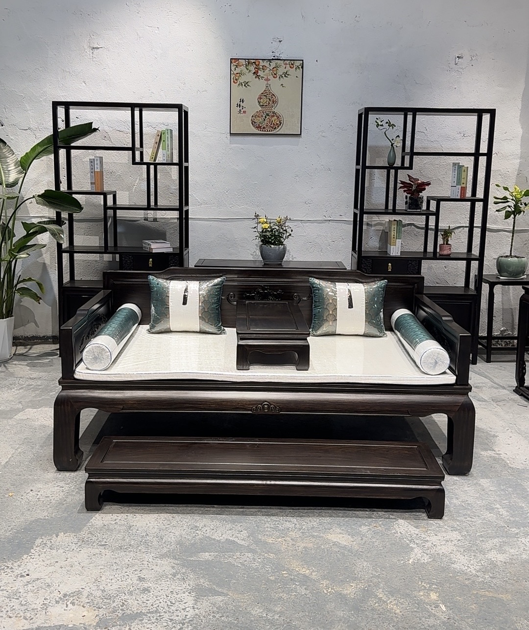 非洲黑檀复古老料罗汉床木质实木家具多子多福三件套新中式书房
