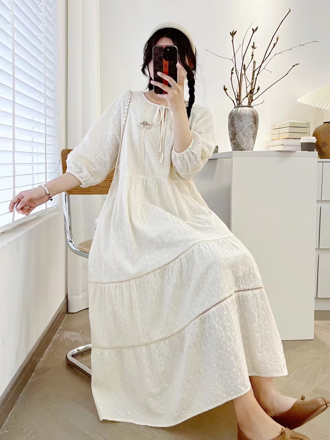 夏季新款圆领系带宽松显瘦减龄立体刺绣气质法系女士长裙