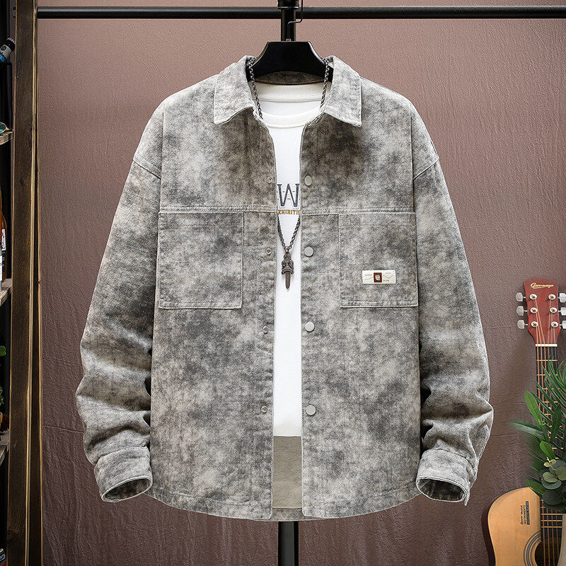 脏脏灰色牛仔外套男新款复古水洗修身夹克高品质上衣潮流8879