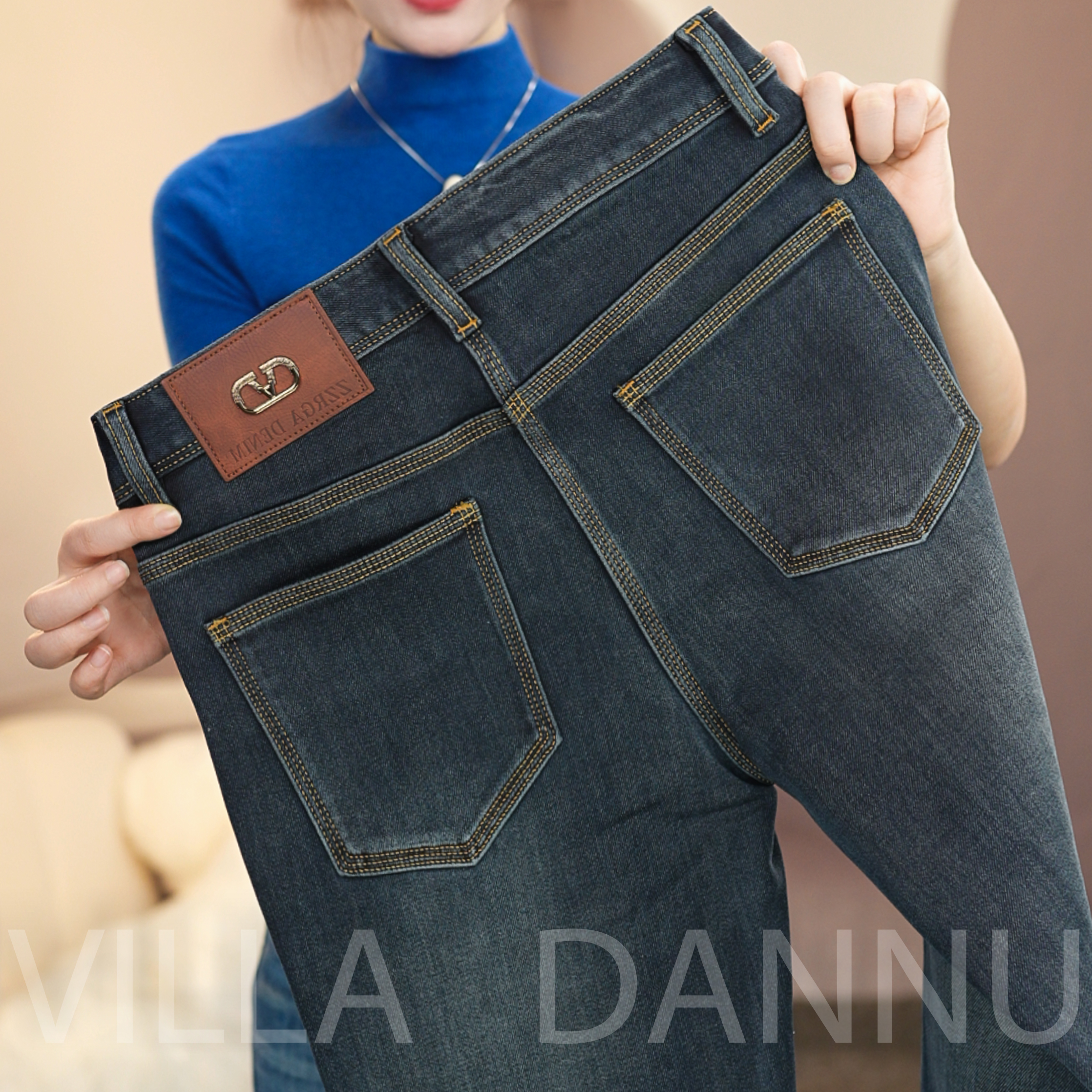 冬季新款高定藏蓝色男士牛仔裤合体修身九分直筒百搭宽松弹力修身