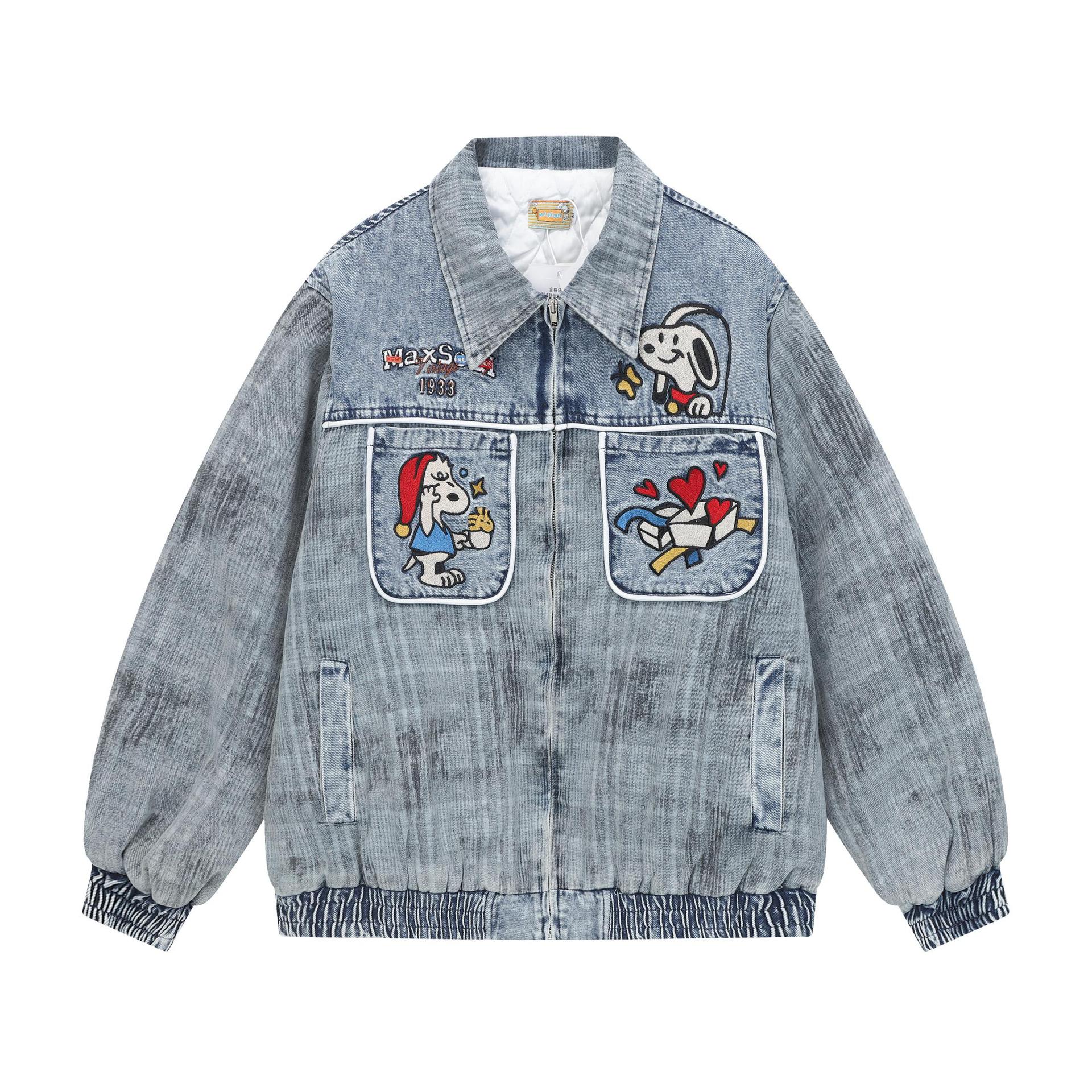 美式复古卡通史努比刺绣牛仔夹克棉服校园风慵懒宽松外套