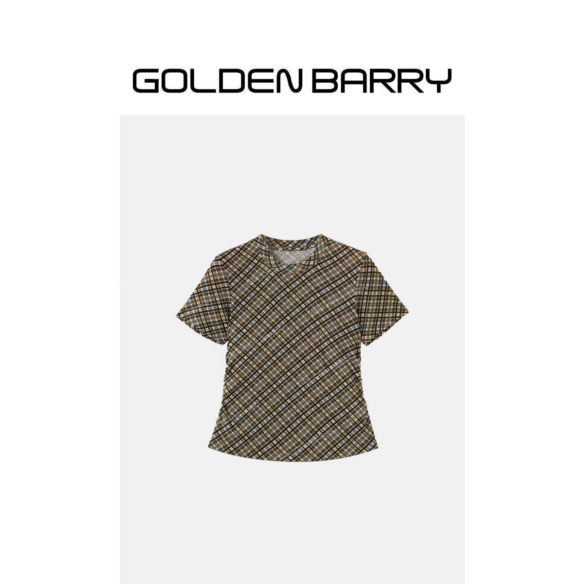 GOLDENBARRY｢格影衫｣G女装格纹打底上衣短袖圆领202499