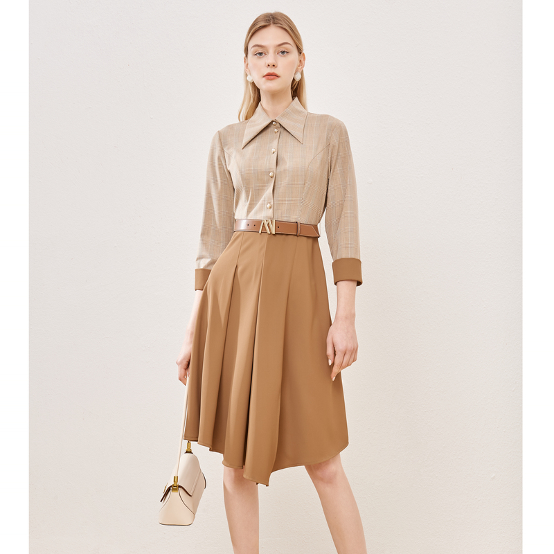 【小熊专属】恩曼琳春季翻领收腰拼接不规则裙摆连衣裙女EANCCA54