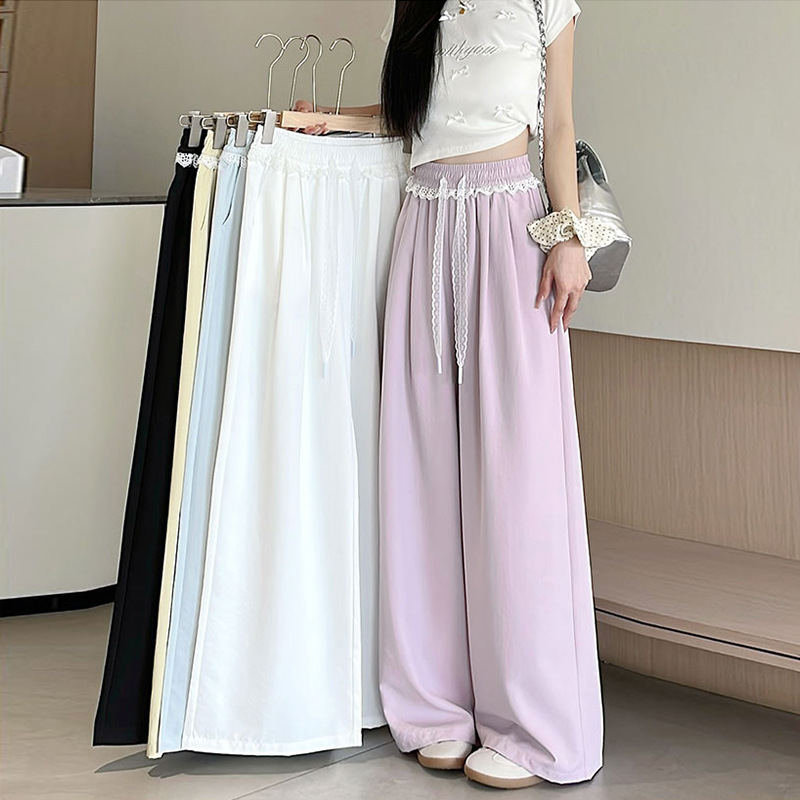 蕾丝边冰丝阔腿裤女夏季薄款高腰显瘦宽松垂感直筒裤休闲拖地裤子