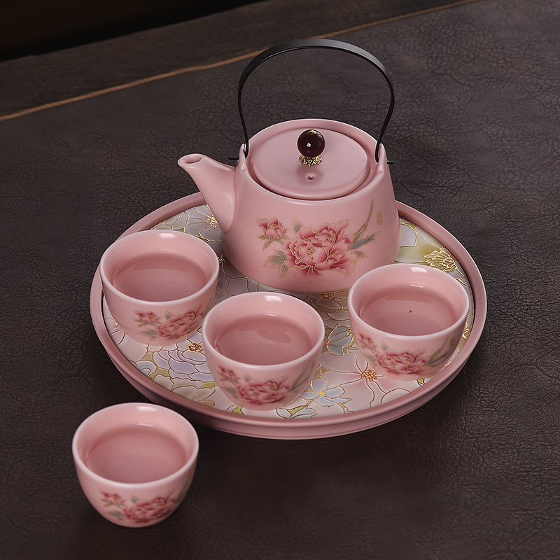 粉定窑牡丹提梁壶户外大容量提梁壶一壶四杯带茶盘套装茶杯泡茶壶
