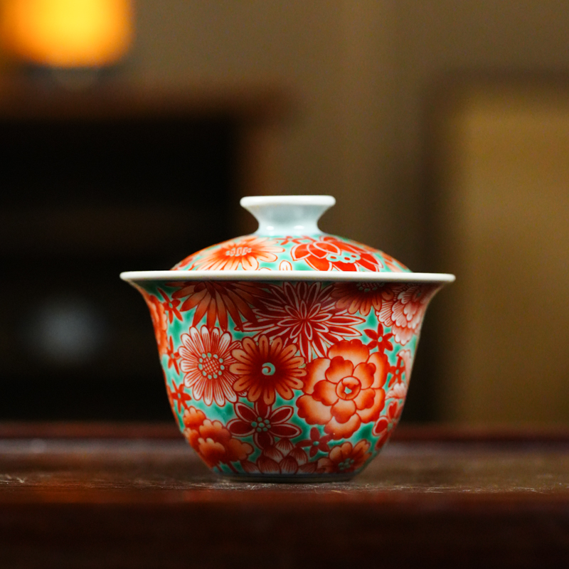 【小田甄陶】红绿彩-翁宿-万花盖碗-130ml（翁宿S0202）