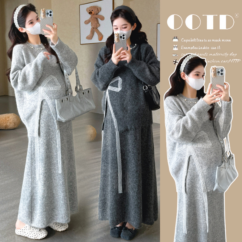 孕妇装2025新款秋冬孕妈洋气宽松上衣＋半裙针织毛衣时尚宽松套装