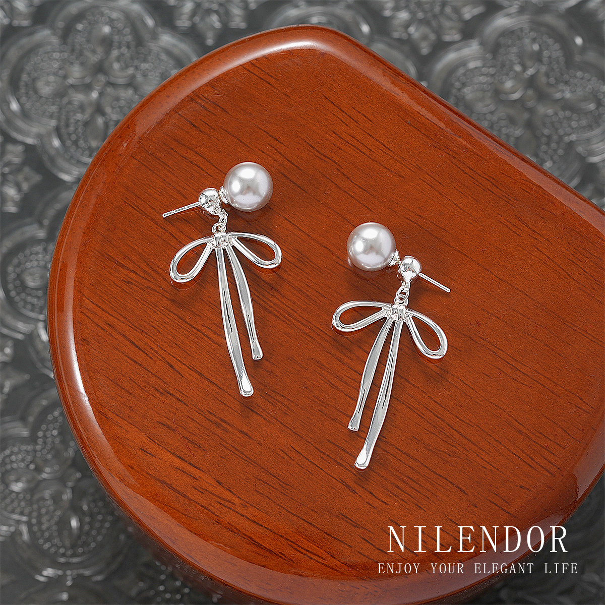 铜合金仿珍珠耳饰 ES-425法式百搭灰色珠珠丝带百搭耳钉