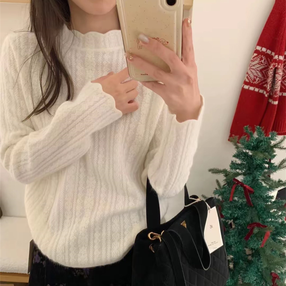 加厚温柔立领打底衫女秋冬内搭洋气叠穿半高领钩花竖坑条针织上衣