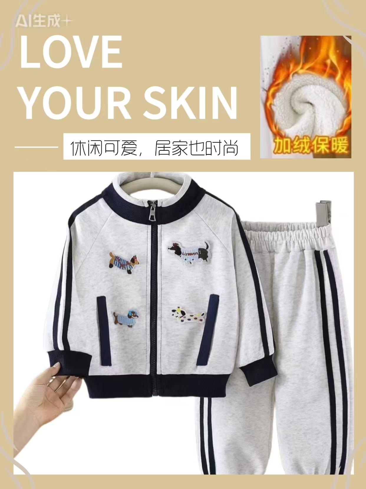 新款加绒加厚男童秋季新款休闲拼接腊肠狗套装舒适运动两件套