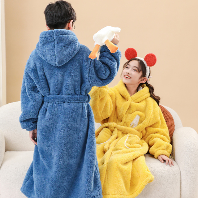 冬季双层加厚男童睡袍珊瑚绒亲子家居服女宝宝睡衣儿童法兰绒浴袍
