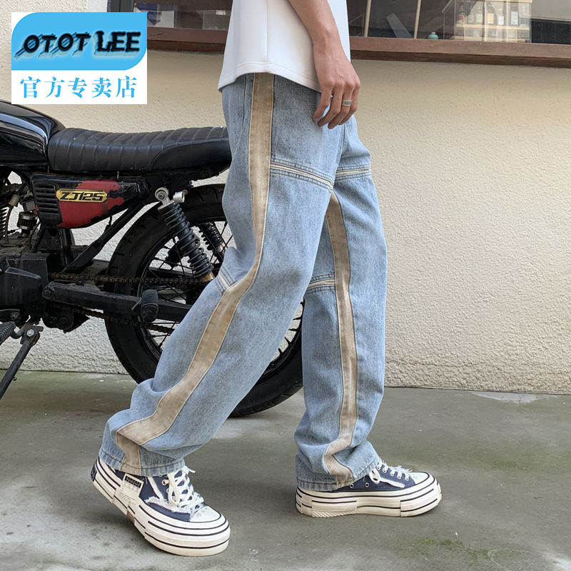 OTOT LEE无弹力宽松简约牛仔裤韩版撞色直筒裤ins男长裤时尚潮流