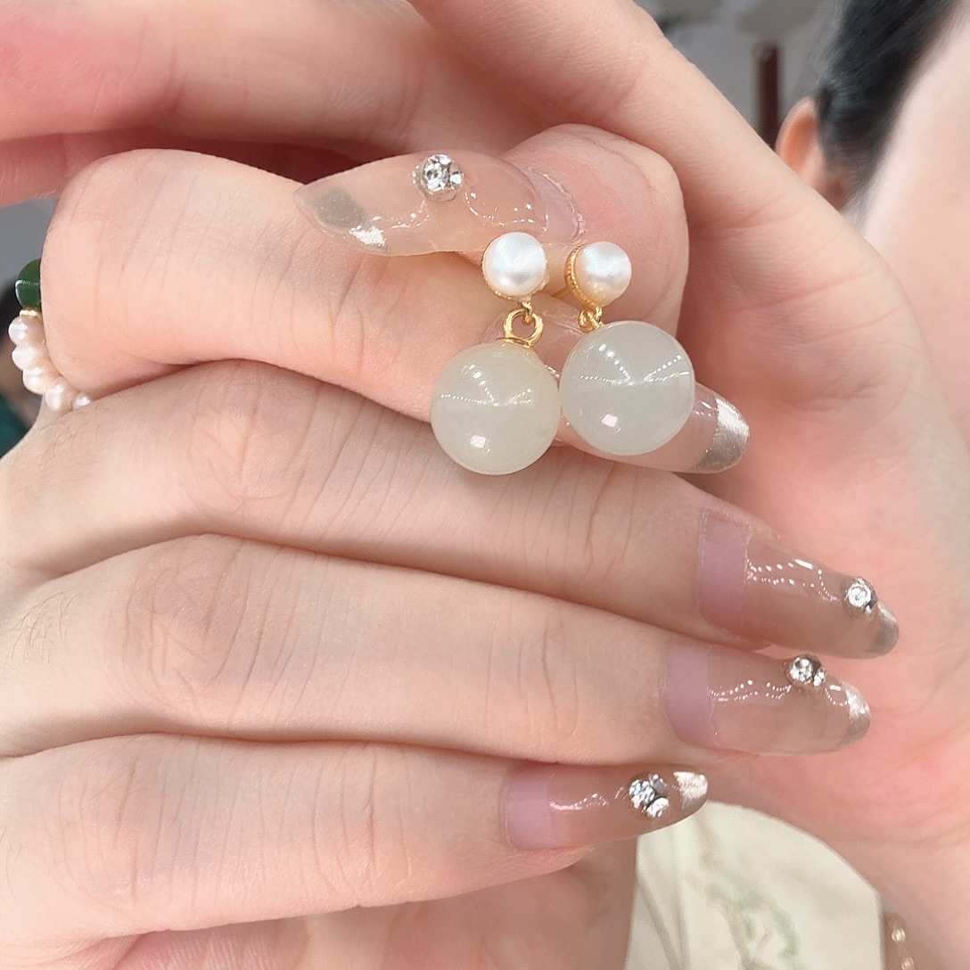 银S925镀金镶嵌和田玉耳饰