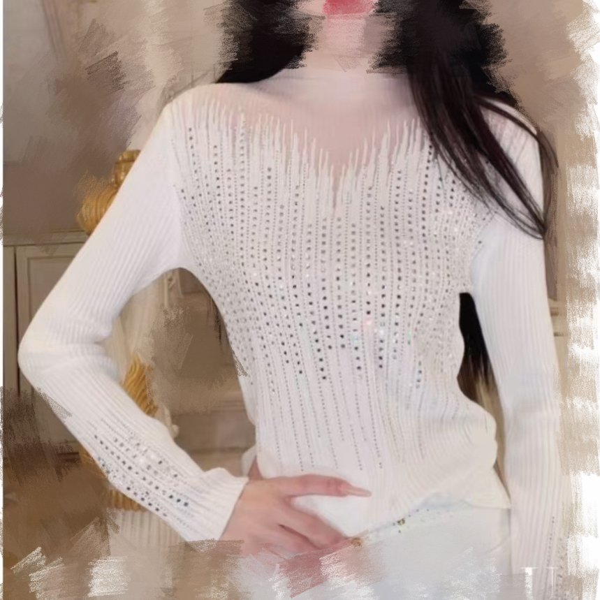 【海哥】气质百搭针织方钻半透中领上衣