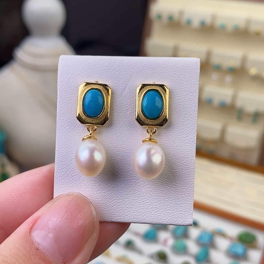 绿松石耳饰银S925镶嵌