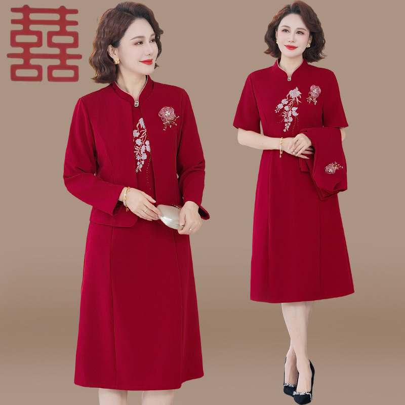 妈妈秋装高贵外套中年女装结婚礼服中老年喜婆婆婚宴装连衣裙套装