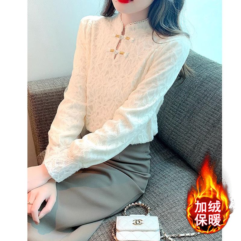 新中式国风蕾丝保暖打底衫内搭衬衫秋冬加绒加厚新款长袖上衣