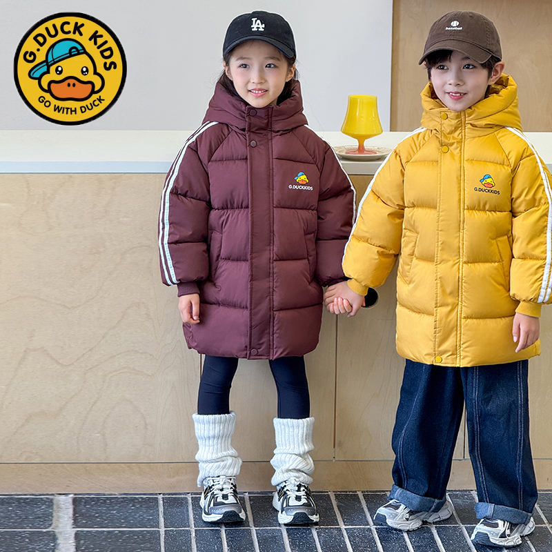 2025新款小黄鸭冬季连帽棉服新款中大童韩版中长款宝宝外套潮保暖