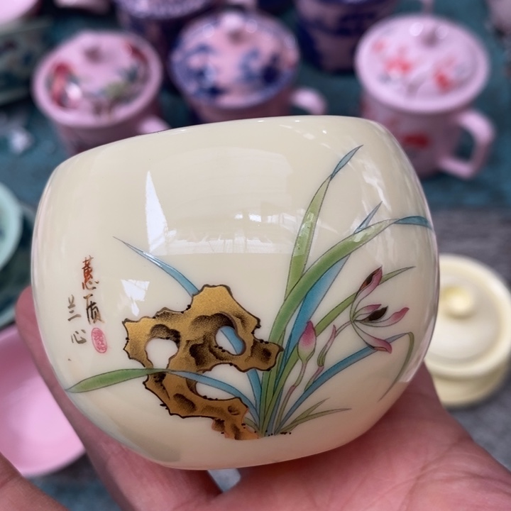 摆件陶黄稀土描金兰花大杯