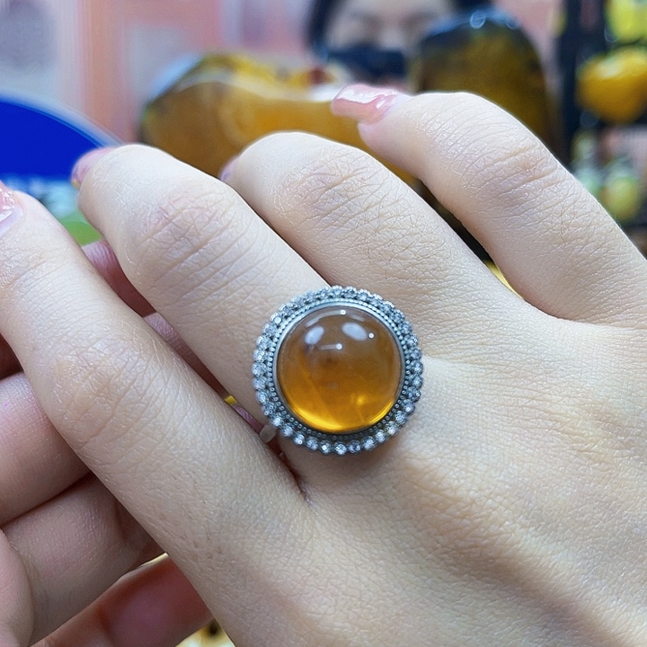 琥珀银S925镶嵌颈饰戒指