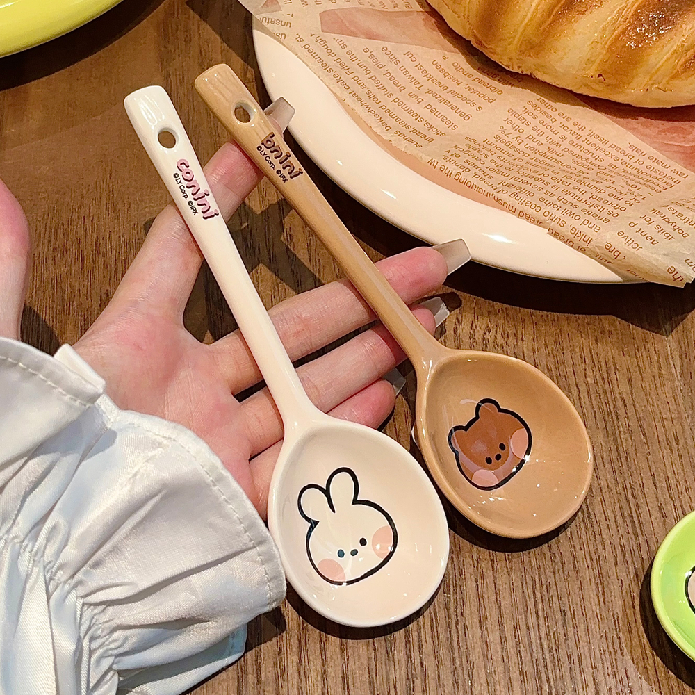 布朗熊陶瓷勺子家用喝汤儿童小调羹高颜值长柄汤勺可爱创意汤匙