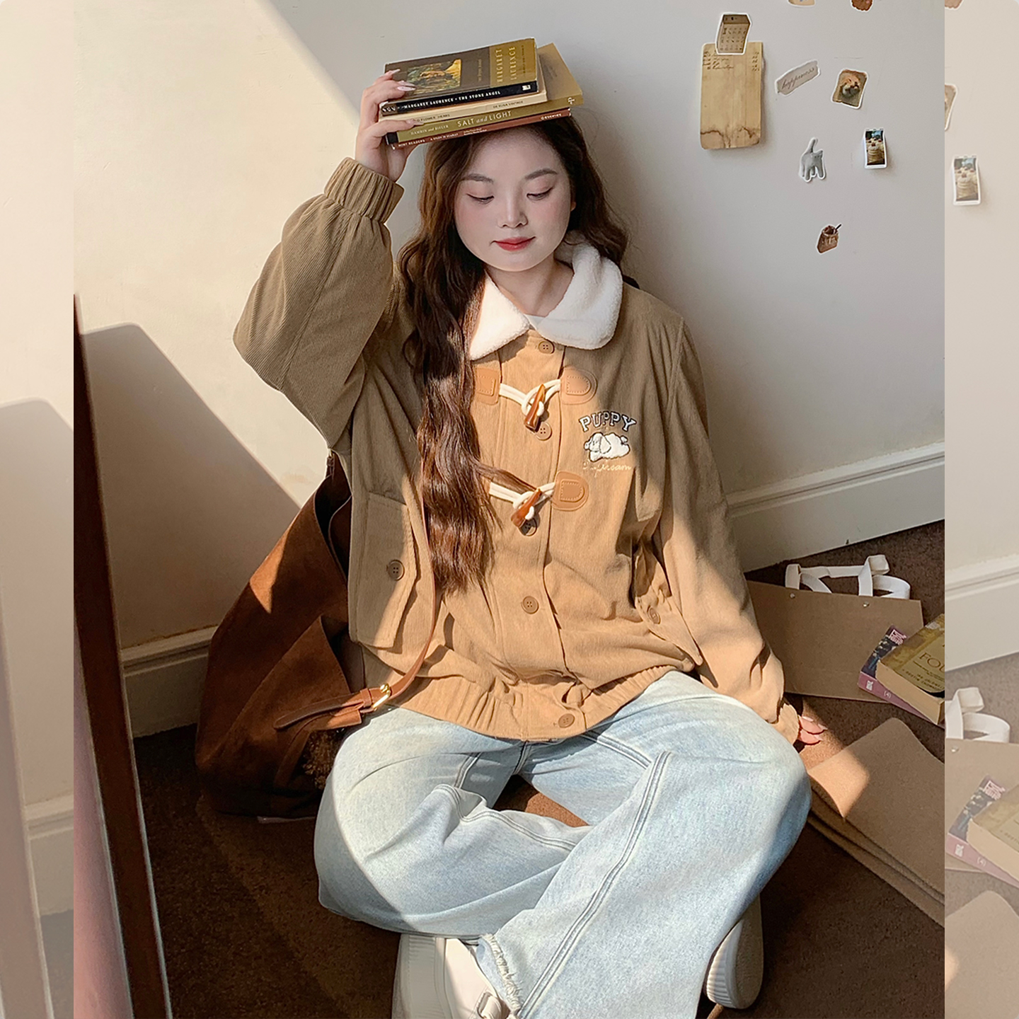 【LT STUDIO辣条大码】羊羔毛领刺绣牛角扣加绒夹克外套