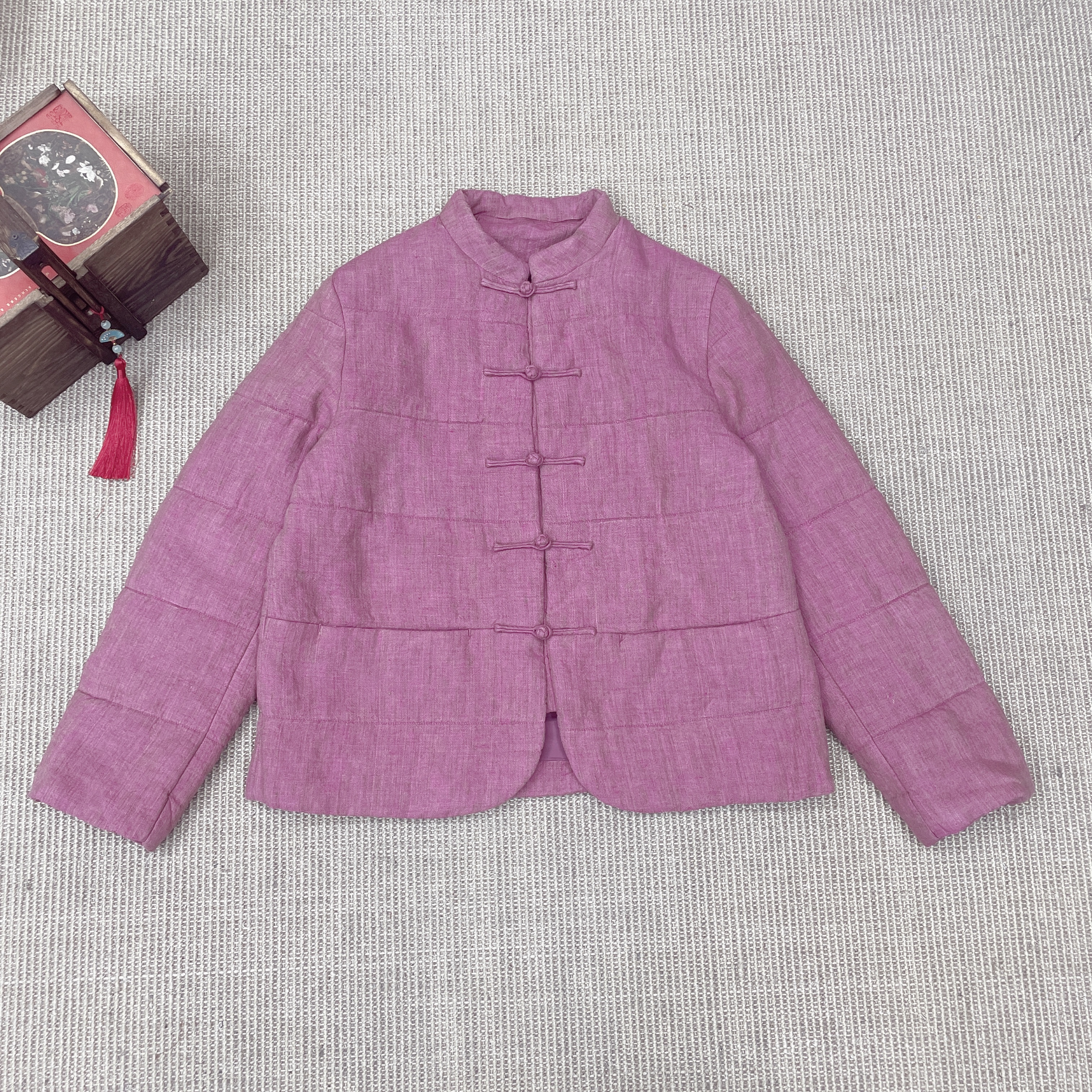 【麻布情结】汉麻双色色织中式棉服  保暖棉服 树莓粉