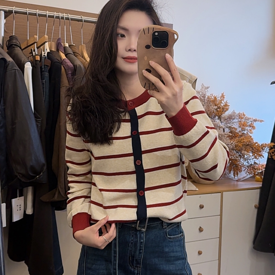韩系慵懒风条纹撞色针织开衫 女秋冬百搭上衣显瘦条纹红毛衣