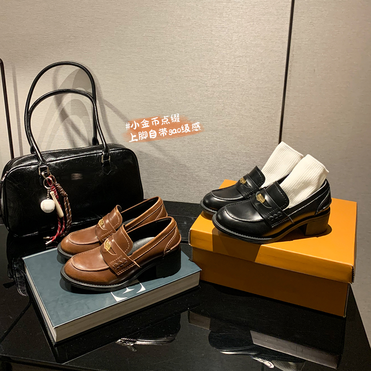 伯爵猫阿miu英伦风圆头小皮鞋金币一脚蹬粗跟厚底乐福单鞋女