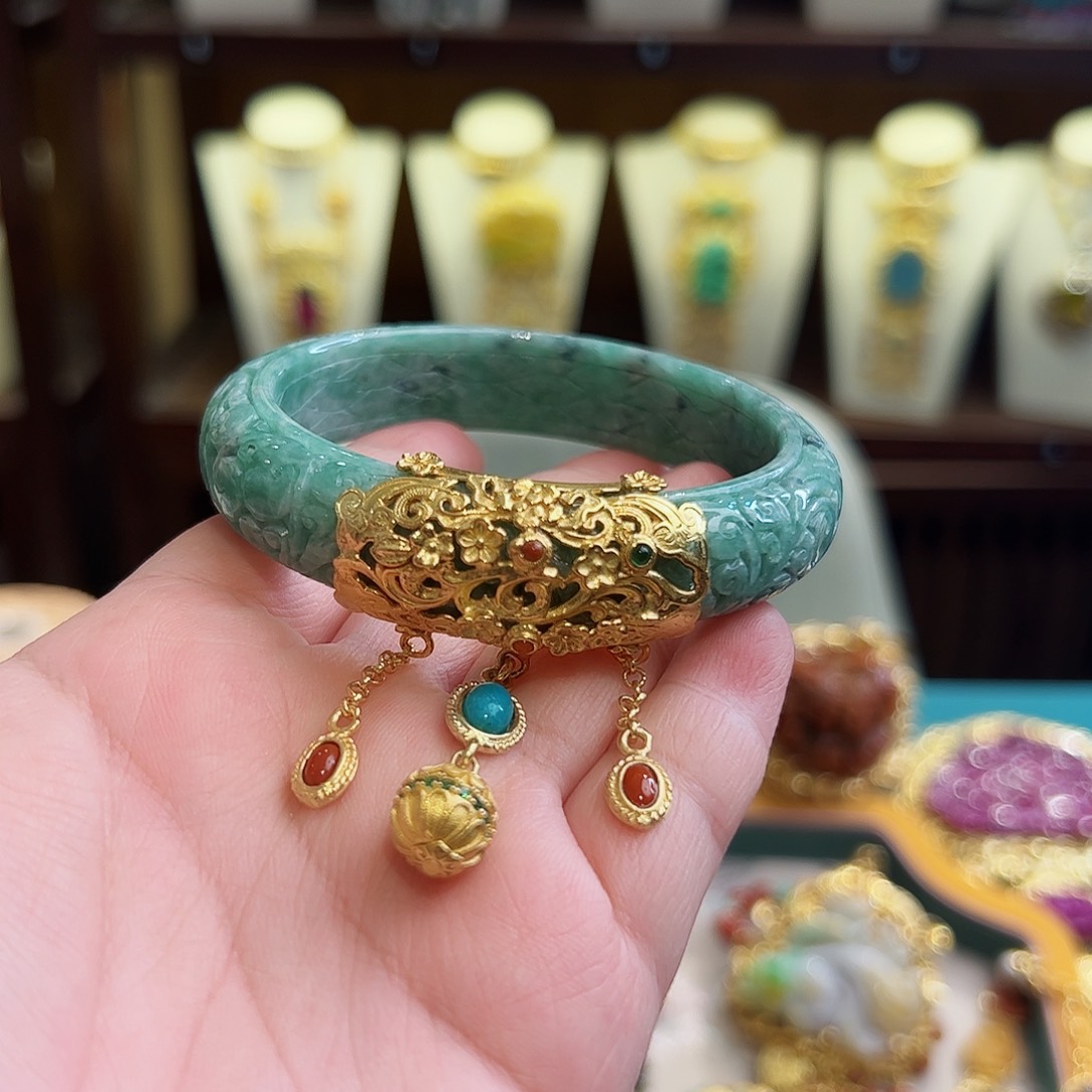 翡翠手镯银S925镶嵌古风
