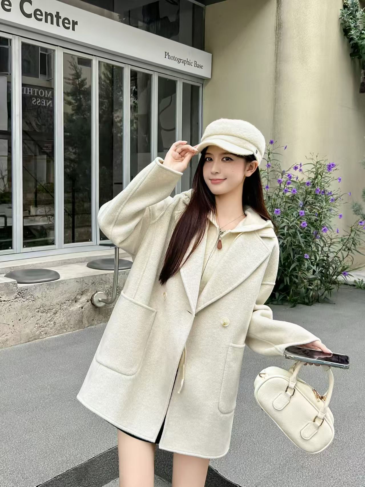 2025秋冬新款中长款纯色扎染毛呢外套时尚百搭真二件保暖双面呢